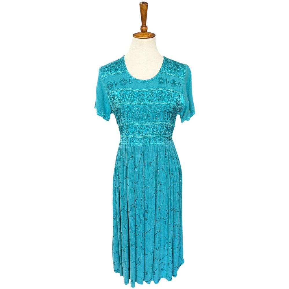 Vintage 90s Y2K Naqui New York Boho Babydoll Embroidered Midi Dress Size Small